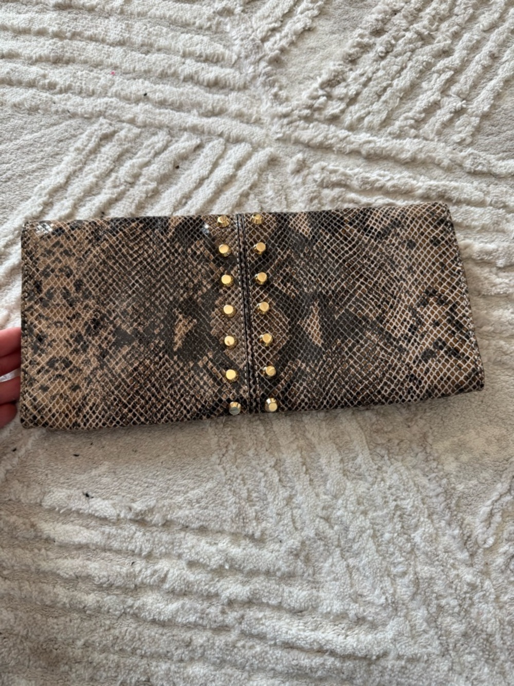 Michael Kors Beige and Brown Snake-Print Foldover Clutch with Gold Studs